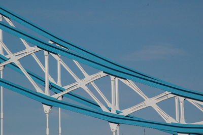 Low angle view of suspension bridge against clear blue sky