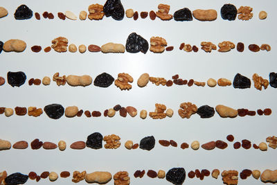 High angle view of candies against white background