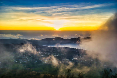 Aerial view of landscape against sky during sunset