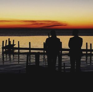 Rear view of silhouette man standing by sea against sky during sunset