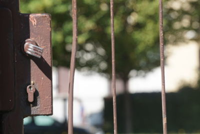 Close-up of rusty metal on the gate