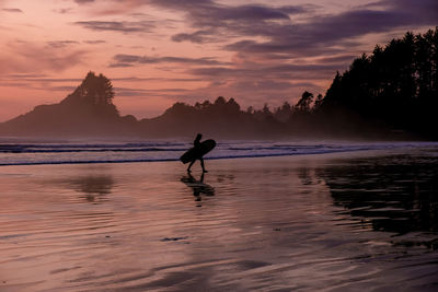 Silhouette man on beach against sky during sunset