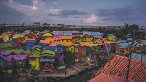 High angle view of multi colored buildings against sky