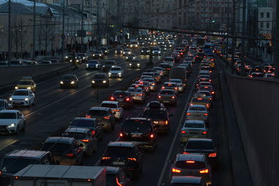 High angle view of traffic on city street at night