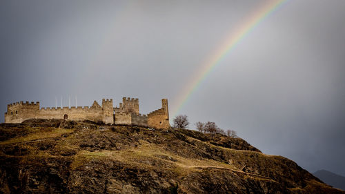 Low angle view of rainbow over building against sky