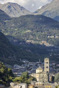 A view of grosio - italy- with sondalo sanatoriums on the background alps 