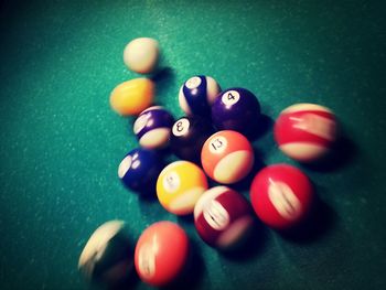 High angle view of multi colored balls on table