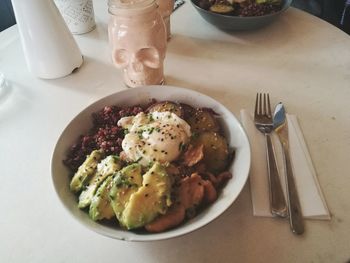 High angle view of breakfast on table