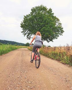 Rear view of man riding bicycle on road