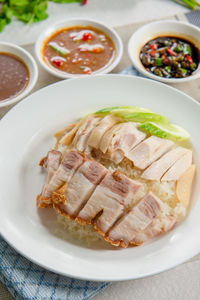 High angle view of food in plate on table