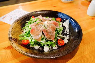 High angle view of food in plate on table