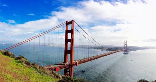 View of suspension bridge against cloudy sky