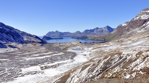 Scenic view of snowcapped mountains against clear blue sky