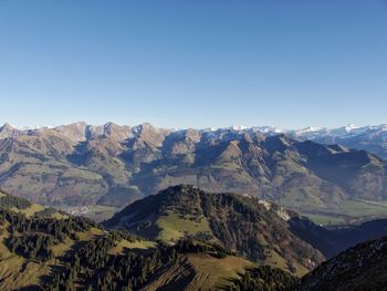 Panoramic view of mountains against clear sky