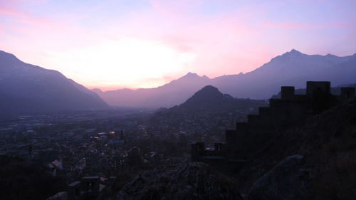 High angle view of townscape against sky during sunset