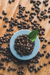 High angle view of coffee beans on table