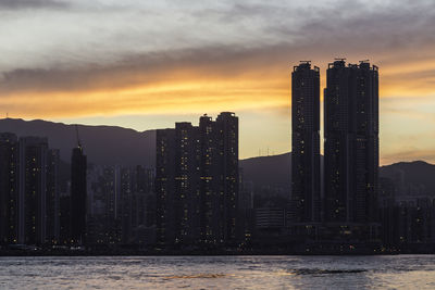 Modern buildings against sky during sunset