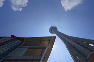 Low angle view of communications tower against sky