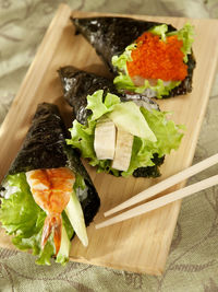 High angle view of sushi in plate on table