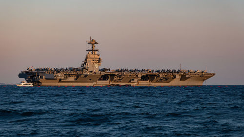 Uss gerald r. ford aircraft carrier dropped anchor in phaleron bay, piraeus