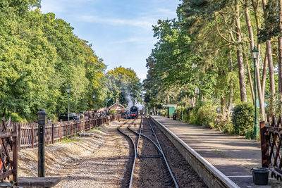 Railroad tracks by trees against sky