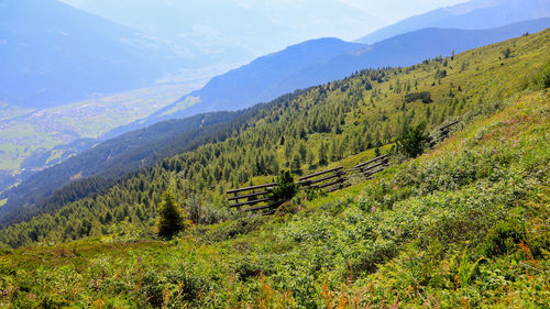 A view from spieljoch at 1920 m fügen, zillertal, towards sonderpichl down in the valley in august.