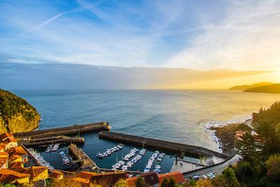 High angle view of sea against sky during sunset