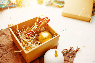 High angle view of christmas decorations on table