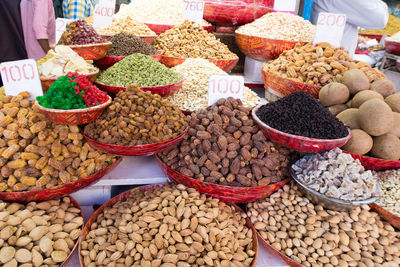 Various dried fruits for sale at market stall