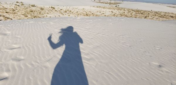 Shadow of person on sand at beach