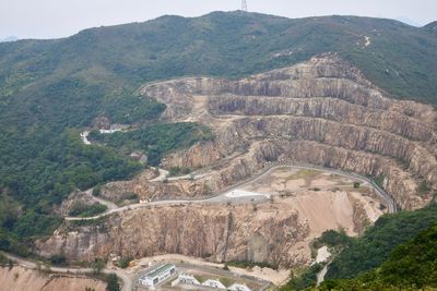High angle view of landscape against mountains