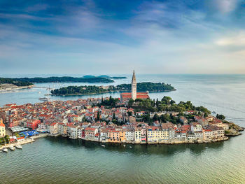 High angle view of buildings in sea