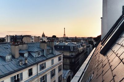 High angle view of city at sunset