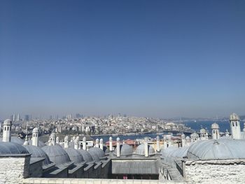 High angle view of townscape against blue sky