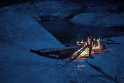 High angle view of bonfire in winter