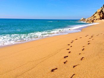 View of footprints on sand at beach