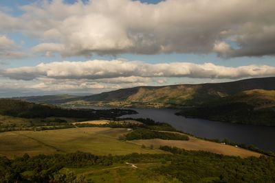 Scenic view of landscape of ullswater against a cloudy sky