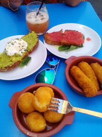 High angle view of breakfast served on table