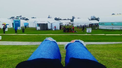 Low section of people relaxing on grass