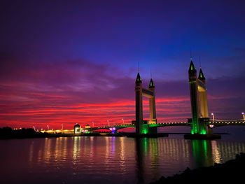 View of bridge over river at night