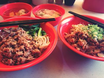 High angle view of meal served on table