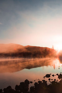 Scenic view of lake against sky during sunset