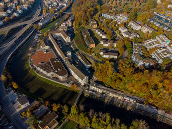 High angle view of street amidst buildings in city