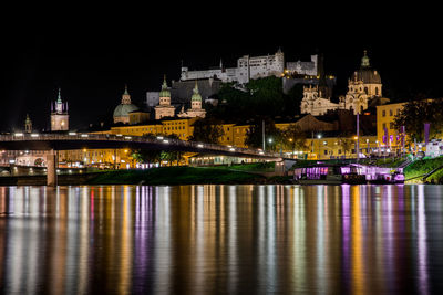 Illuminated buildings in city at night