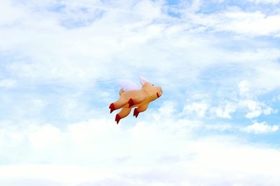 Low angle view of toy flying against sky