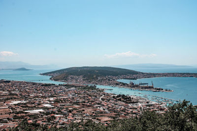 High angle view of city by sea against sky of trogir city in croatia