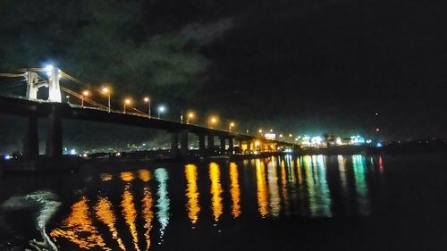 Illuminated bridge over river against sky at night