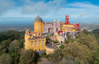 Palace of pena in sintra. lisbon portugal. part of cultural site of sintra city. drone point of view