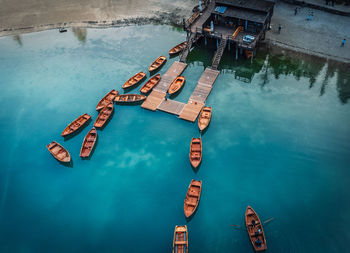 High angle view of boats in sea