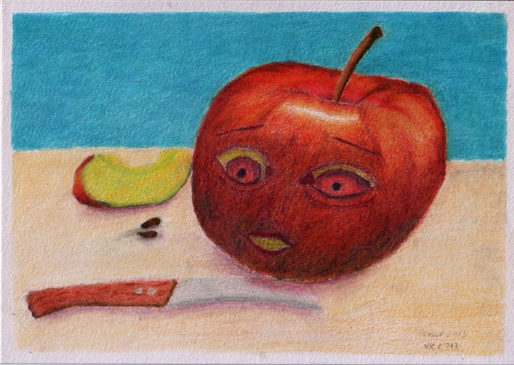 transfer print, still life, indoors, food and drink, auto post production filter, food, table, red, close-up, freshness, healthy eating, fruit, animal representation, sweet food, high angle view, art and craft, anthropomorphic face, single object, no people, creativity